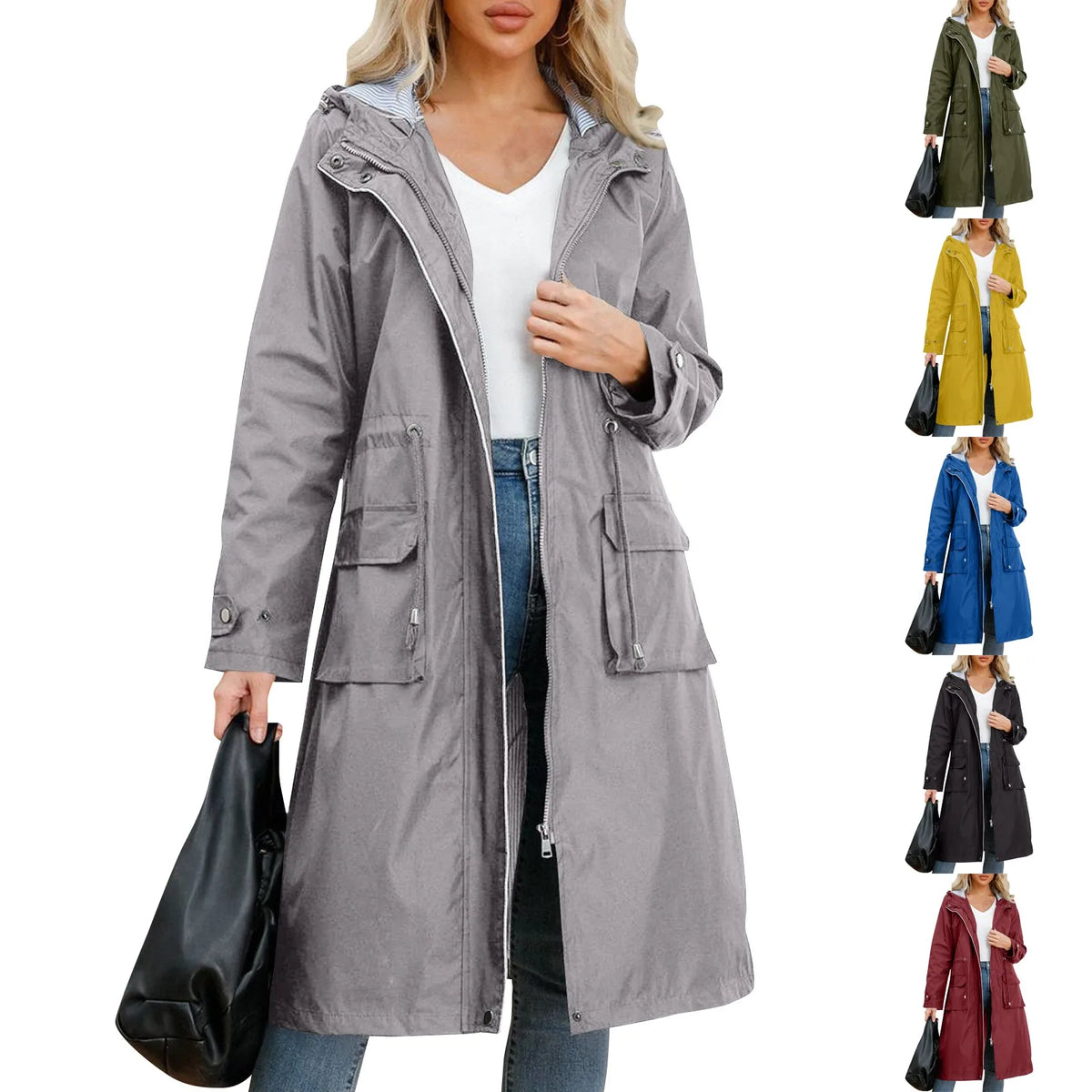 Women’s Hooded Trench Coat - Long Sleeve Solid Color Windbreaker with Elegant British Style