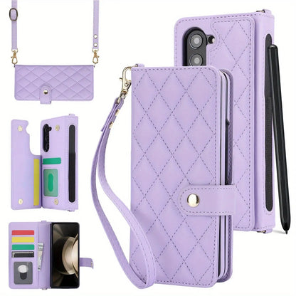 PU Leather Flip Wallet Case for Samsung Galaxy Z Fold 6/5/4/3 5G – Card Holder, Wrist Strap, Crossbody Stand Cover