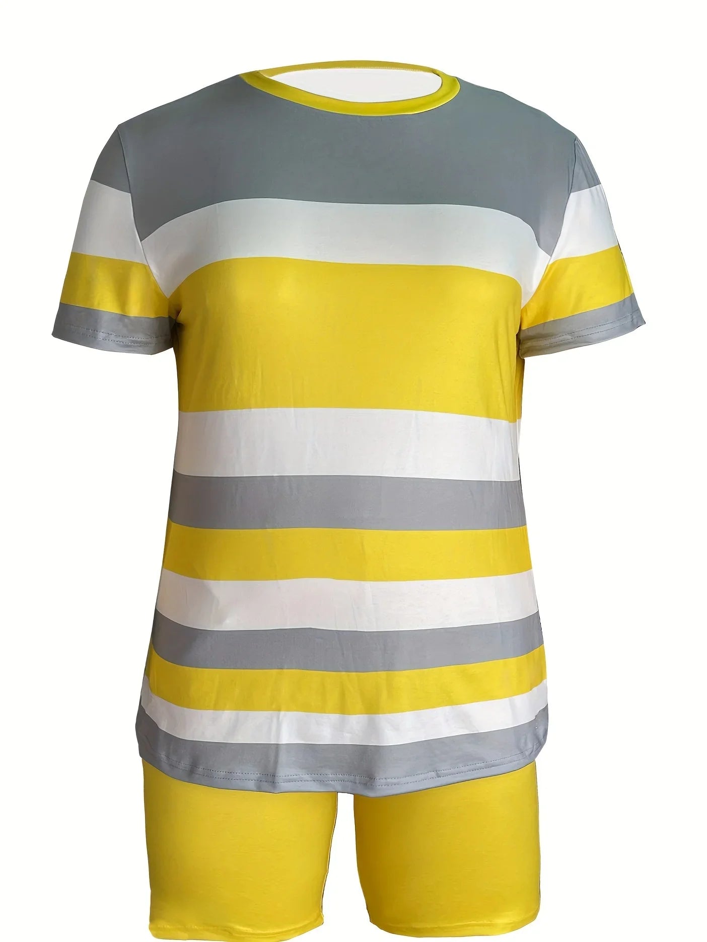 Plus Size Women’s Two-Piece Striped Outfit Set – Short Sleeve Top & High Waist Shorts Casual Summer Wear