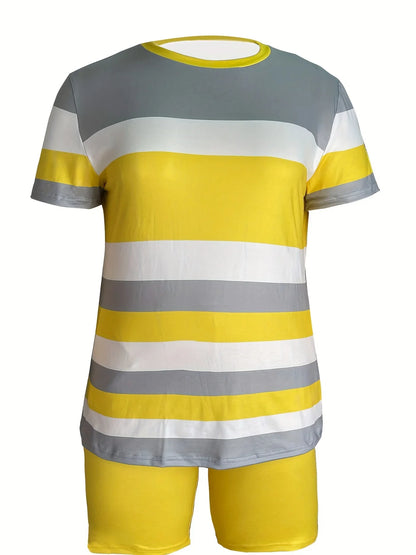 Plus Size Women’s Two-Piece Striped Outfit Set – Short Sleeve Top & High Waist Shorts Casual Summer Wear