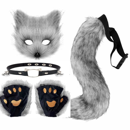 5pcs Fluffy Fur Fox Tail & Cat Paws Gloves Set — Wolf Mask Halloween Cosplay Costume Accessories for Theme Party Dress-Up