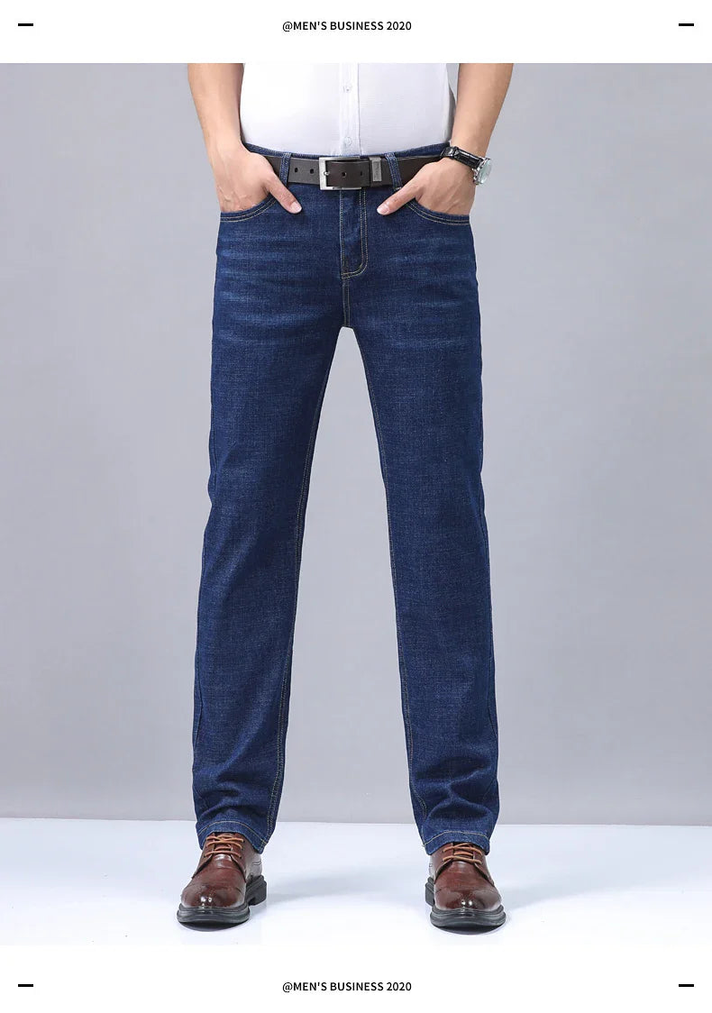 Men’s Casual Comfortable Jeans – Straight Loose Fit High Waist Elastic Trousers for All Seasons & Office Wear