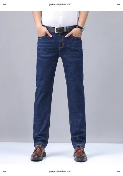 Men’s Casual Comfortable Jeans – Straight Loose Fit High Waist Elastic Trousers for All Seasons & Office Wear
