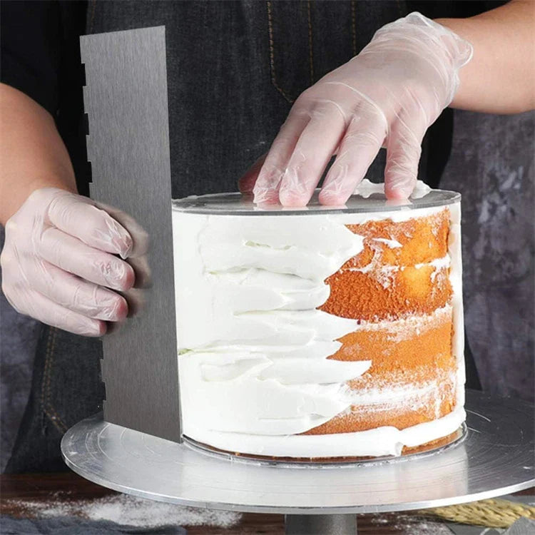 LMETJMA 10" Stainless Steel Cake Scraper – Double-Sided Patterned Edge Smoother & Pastry Cutter JT160