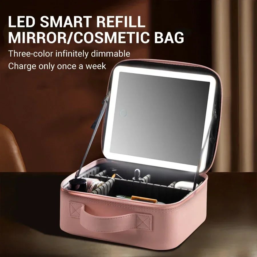 LED Lighted Cosmetic Case with Mirror - PU Leather Portable Travel Makeup Bag - Waterproof Makeup Storage