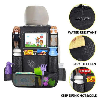 Car Backseat Organizer with Touch Screen Tablet Holder - Auto Storage Pockets & Seat Protectors