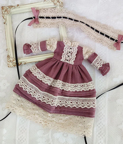 Blythe Doll Clothes – Wine Red & White Princess Dress with Lace for YMY, Licca, Azone OB24/OB27 Dolls