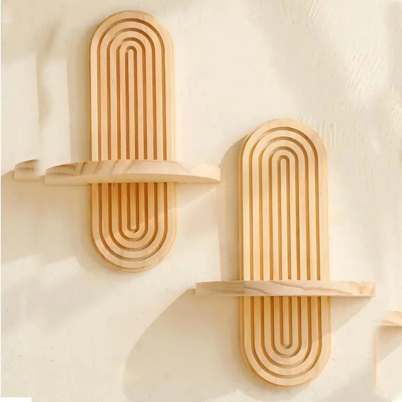 Wooden Wall-Mounted Shelves – Boho Style Rack for Living Room & Bathroom Home Decor