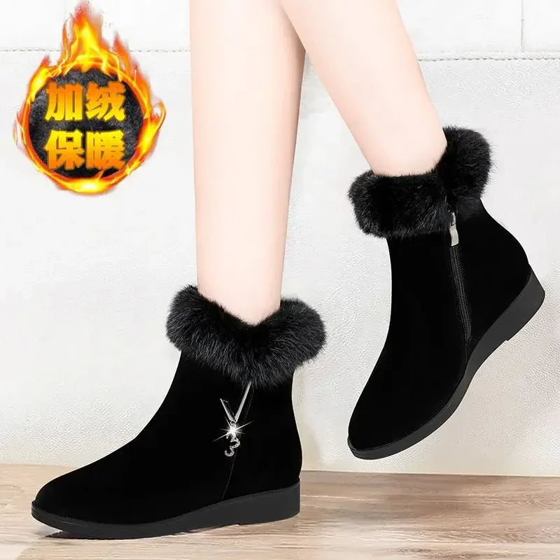 Plush Women's Boots – Comfortable Fur-Lined Hick-Sole Shoes, Fashion Zippered Vulcanized Anti-Slip Footwear for Ladies