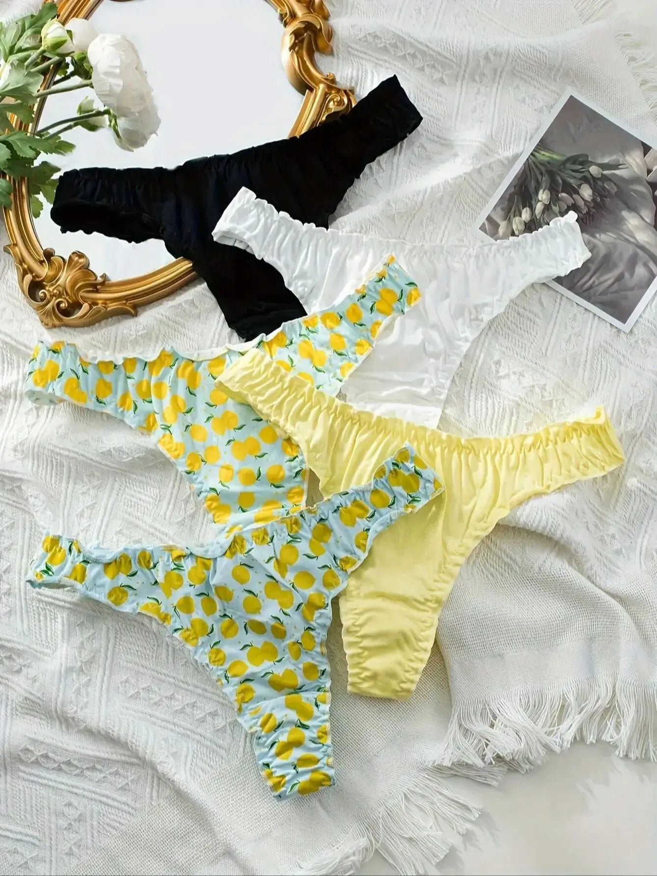 5Pcs Women’s Cotton Ruffle Thong Set - Mixed Fruit Pattern Wrinkled Comfortable Soft Underwear
