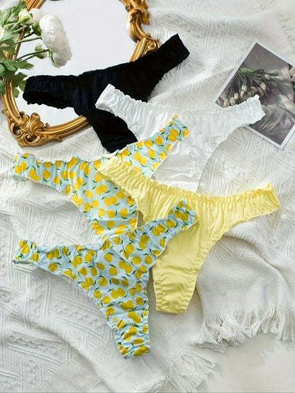 5Pcs Women’s Cotton Ruffle Thong Set - Mixed Fruit Pattern Wrinkled Comfortable Soft Underwear