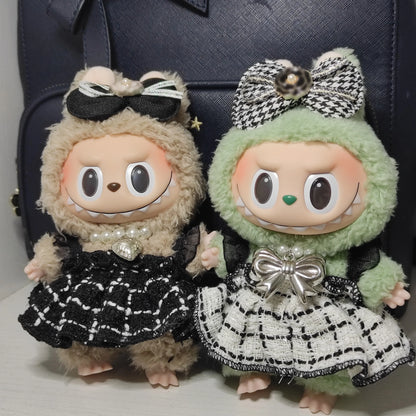 Labubu Doll Clothes Outfit — Black & White Plaid Dress Set | Mini Doll Clothing Accessories | DIY Girl Gift