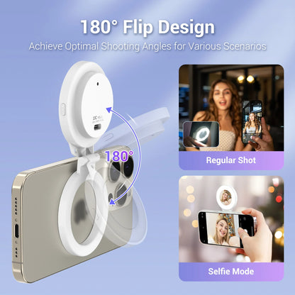 JJC Rechargeable Selfie LED Ring Light - Magnetic Design, 3 Adjustable Light Modes - 180°Foldable for iPhone 15, 14, 13