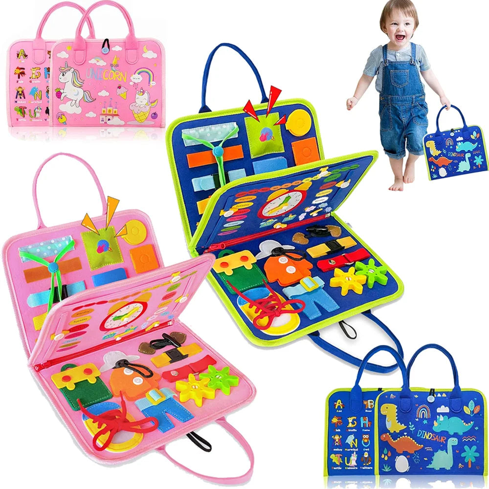 Toddler Montessori Busy Board – Dinosaur Dress-Up, Learning & Sensory Activities, Travel Toy & Life Skills Backpack