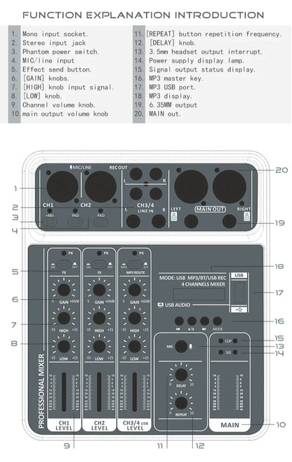 4-Channel Audio Mixer — USB Studio Mixer with 48V Phantom Power & Bluetooth for DJ & Karaoke