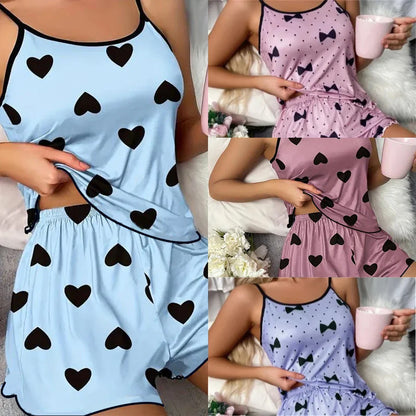 Women’s Pajama Set — Pink Heart Print Ice Silk T-Shirt & Shorts, Comfortable Casual Summer Sleepwear