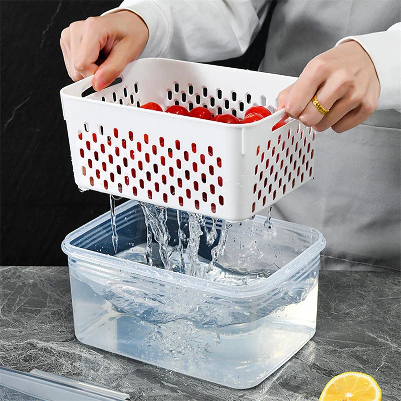 Refrigerator Storage Box – Fridge Organizer for Fresh Vegetables and Fruits, Drain Basket Storage Containers for Kitchen