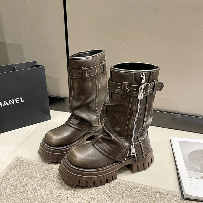 2023 New Women's Mid-Calf Boots – Fashion Belt Buckle, Side Zipper, Round Toe, High Quality