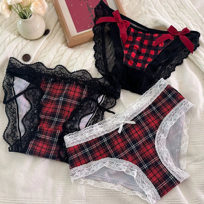 Sexy Lace-Trimmed Bow Tie Panties – Black & Red Checkered Kawaii Women’s Briefs for Party, Holiday & Vacation