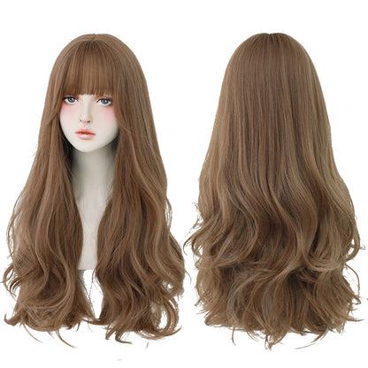 7JHH Brown Ash Long Deep Wave Lolita Wig for Women — Synthetic Hair with Bangs, Thick Curly Fashion Wig