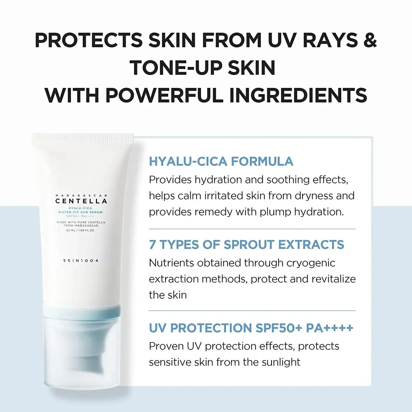 SKIN1004 Korean Centella Sun Serum SPF50+ — Hyaluronic Acid UV Protection for Sensitive Skin