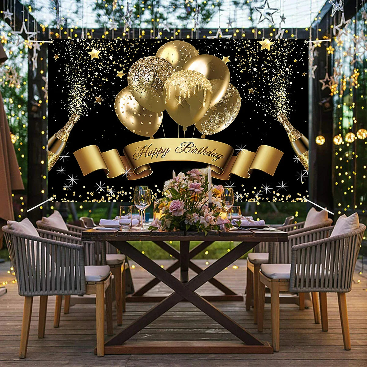Gold Glitter Happy Birthday Party Backdrop - Black Adult Theme Photo Decoration, DIY Backdrops for Party Supplies
