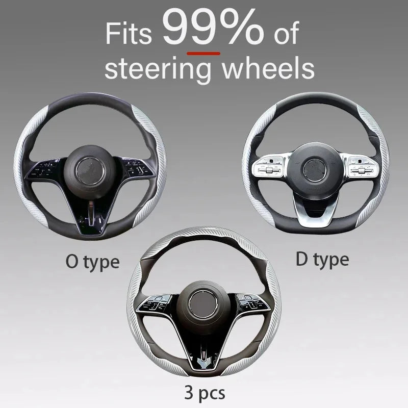 2/3PCS Universal Car Steering Wheel Cover — Laser Carbon Fiber, Silicone & 1K Microfiber Leather, Non-Slip PVC Booster