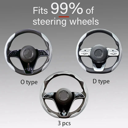 2/3PCS Universal Car Steering Wheel Cover — Laser Carbon Fiber, Silicone & 1K Microfiber Leather, Non-Slip PVC Booster