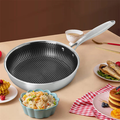 LMETJMA Stainless Steel Nonstick Frying Pan with Honeycomb Surface - Includes Lid, Compatible with Induction, Ceramic and Gas Cooktops - Model KC0480