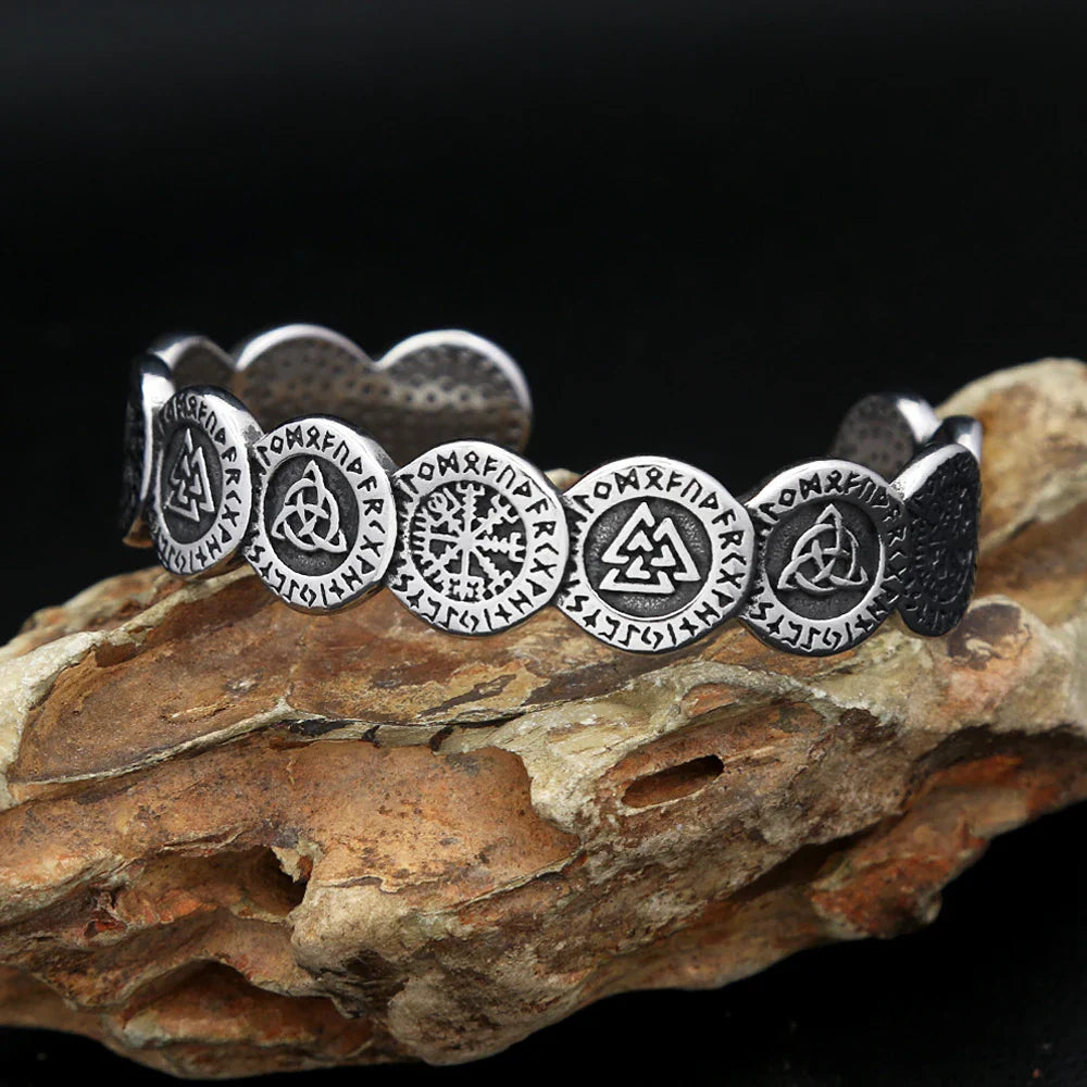 Vikings Valknut Bracelet – 316L Stainless Steel Nordic Compass Bangle, Amulet Jewelry for Men & Women