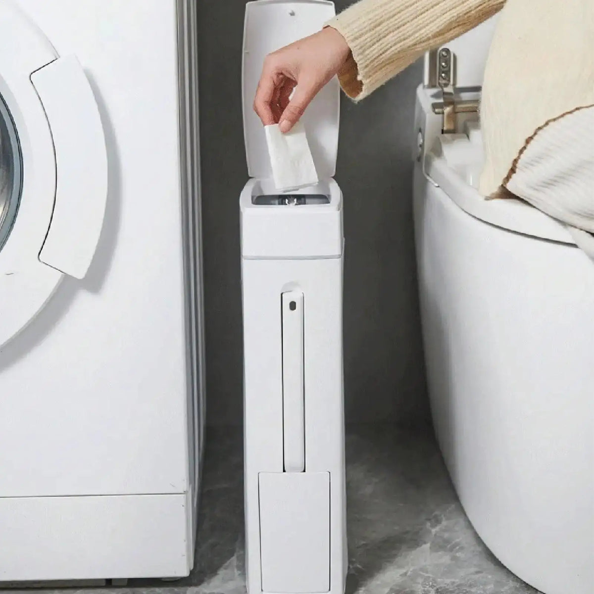 Bathroom Trash Can & Toilet Brush Combo - Space-Saving Slim Garbage Bin with Lid