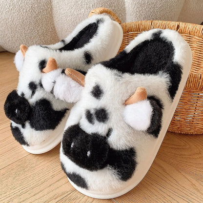 Women’s Fluffy Cartoon Cow Slippers – Cute Casual Flat Plush Winter Platform Shoes for Home