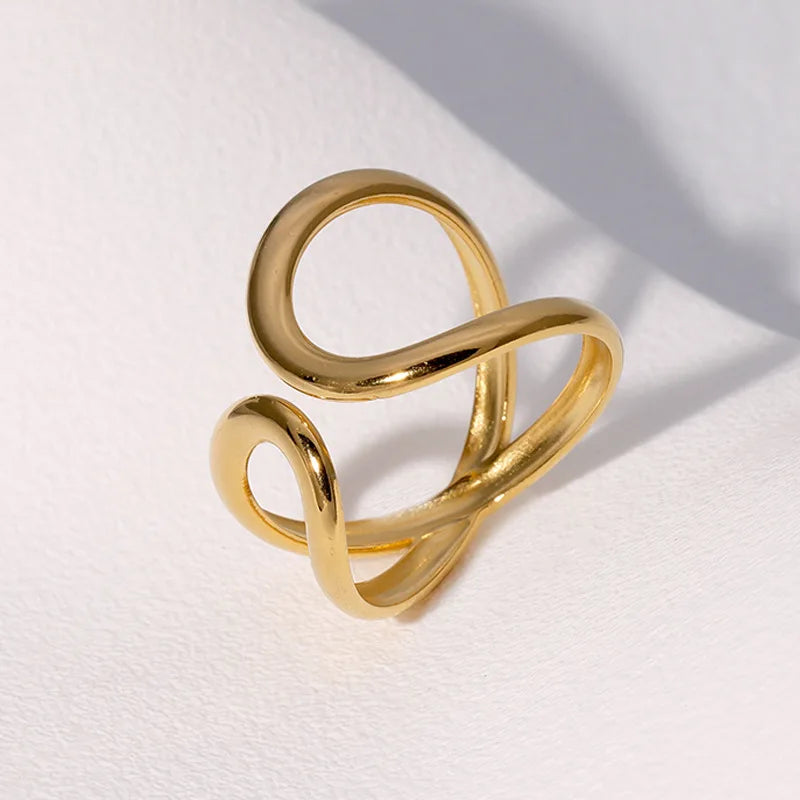 Stainless Steel Irregular Wave Adjustable Ring – Creative Gold Statement Jewelry for Women & Men