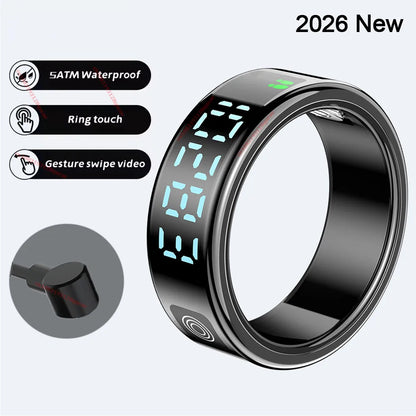 2026 R12 Smart Ring with Display Screen & Touch Control – Wireless Charging Health Tracker, 5ATM Waterproof Fitness Smart Ring for Men & Women