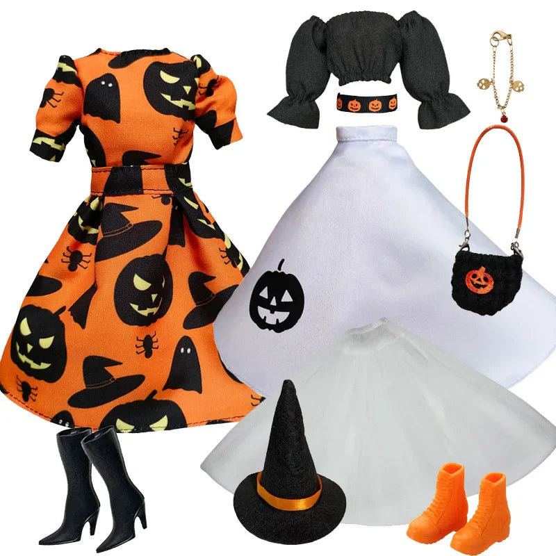 1/6 Doll Halloween Cosplay Outfit – Witch Dress, Cap, Belt, Bag & Broom for 12" BJD / 30cm Dolls