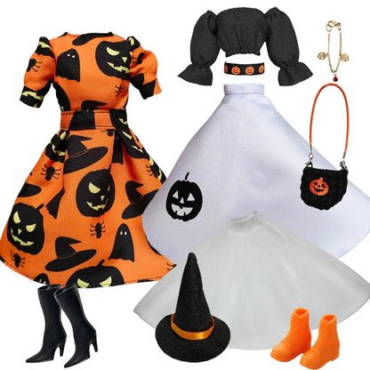 1/6 Doll Halloween Cosplay Outfit – Witch Dress, Cap, Belt, Bag & Broom for 12" BJD / 30cm Dolls