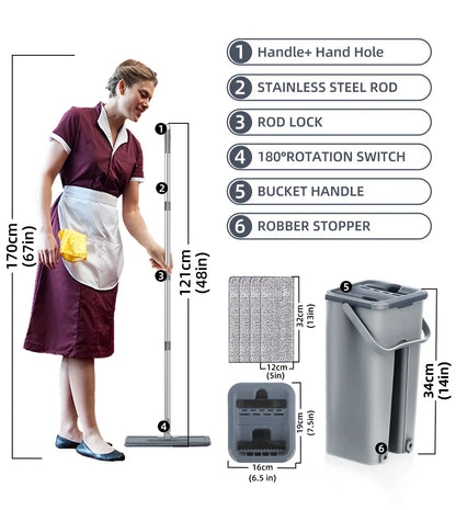Hands-Free Flat Floor Mop & Bucket Set — Professional Home Cleaning System with Washable Microfiber Pads for Hardwood Floors