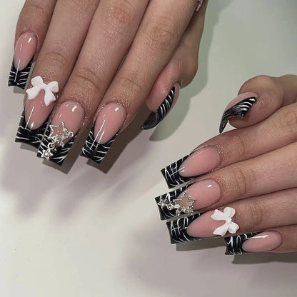 24PCS Y2K Sweet Stars Press-On Nails - Blue Brown Striped French Style Autumn Vintage Wave Point Fake Nail Set