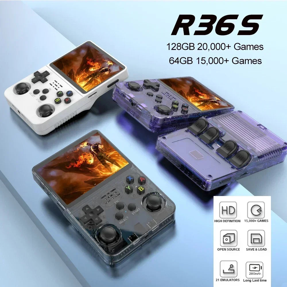 128GB Open Source R36S Video Game Console – Linux System, 3.5 Inch IPS Screen, Orange Portable Pocket Player with 64GB of Best Games