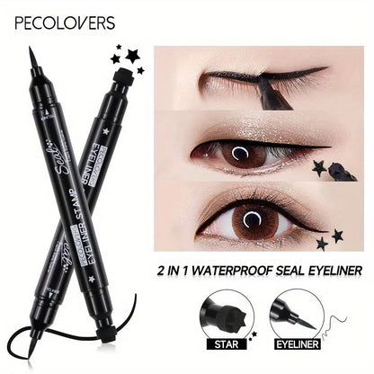 2-in-1 Black Liquid Eyeliner – Double-Head Moon Stamp Pencil, Quick-Dry Non-Smudge Long-Lasting Eye Makeup