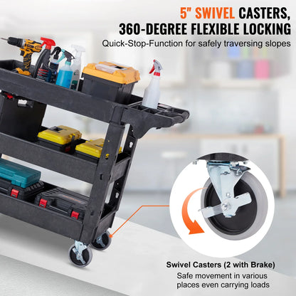 VEVOR 2/3 Shelf Heavy Duty Utility Service Cart with 360° Swivel Wheels – Ergonomic Storage Handle for Warehouse, Garage, Cleaning