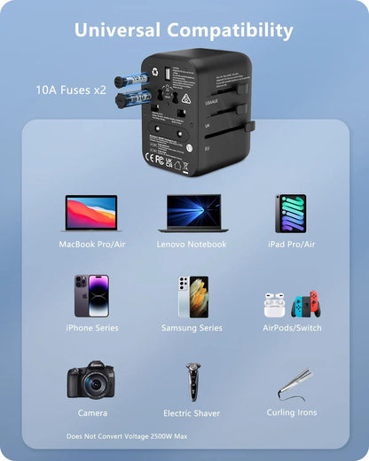 LENCENT Universal Travel Adapter with 3 USB Ports & Type-C PD Charging - EU/UK/USA/AUS Plug, All-in-One Travel Charger
