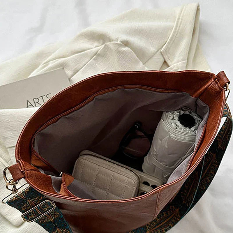 Wide Geometric Strap Shoulder Bag - Large Capacity Crossbody PU Leather Bag for Women, Retro Style for Shopping and Travel