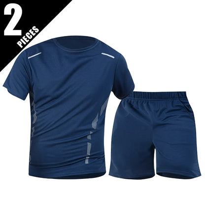 Men’s 2-Piece Summer Sports Set – Quick-Dry Breathable Short Sleeve T-Shirt & Pocket Running Shorts