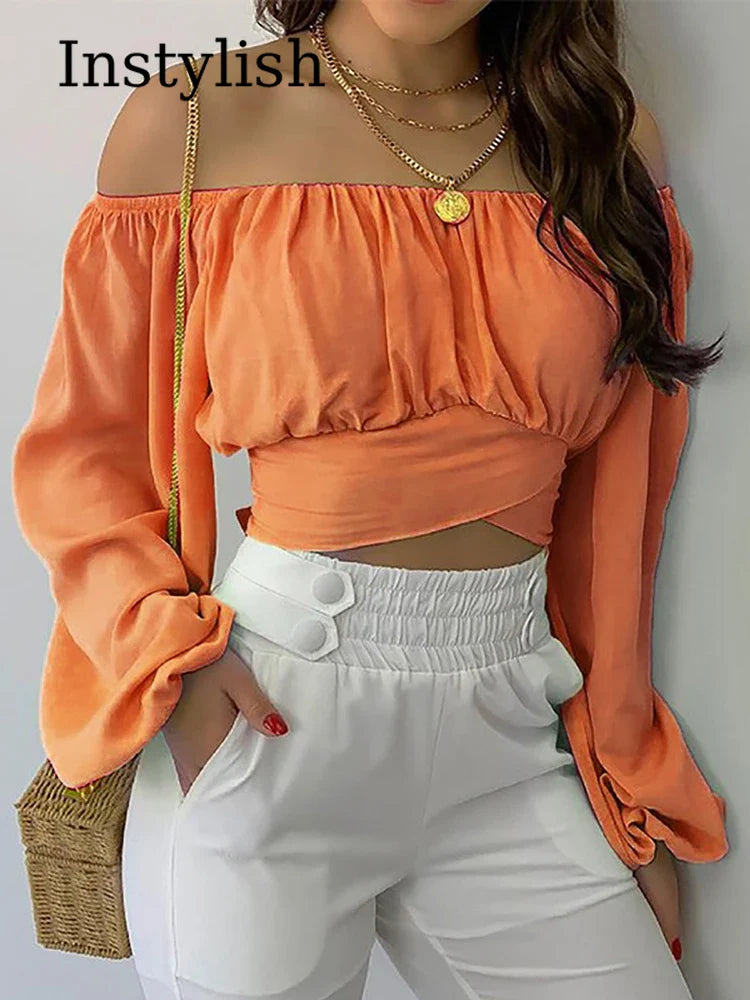 Elegance Redefined: Women's Sexy Off-Shoulder Printing Blouses - Chic Lantern Long Sleeve Lace-Up Bow Cropped Tops, Casual Slim Shirts