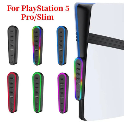 PS5 Slim/Pro 6-in-1 USB Hub Splitter – Controller Charging Expansion Adapter with 5 RGB Lights (JYS-P5231) for PlayStation 5 Accessories