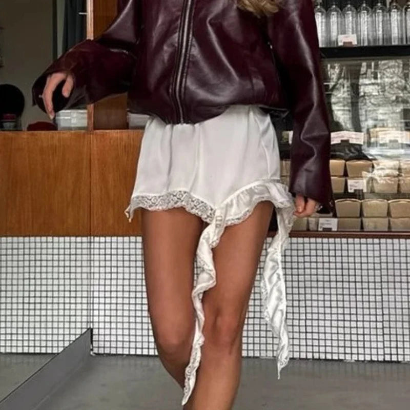 Women’s White Lace Asymmetrical Midi Skirt – High Waist Satin Slim Fit Summer Casual Street Chic Skirt