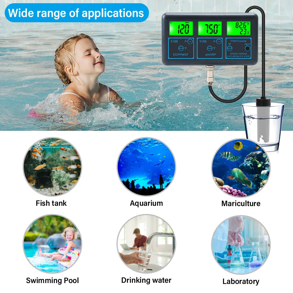 WiFi PH Meter & Water Tester – Temp, TDS, EC, ORP Smart Monitor for Aquariums, Hydroponics, Swimming Pools, Tuya APP Control
