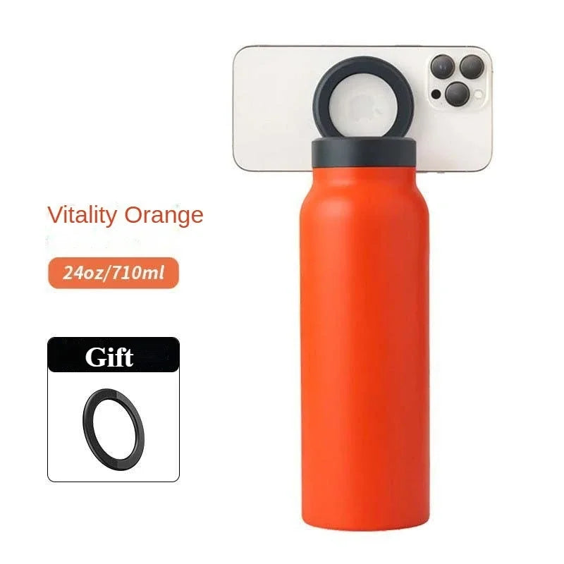24oz Stainless Steel Insulated Sports Bottle – Vacuum Water Mug with Magnetic Phone Holder, Outdoor Gym Travel Drink Cup