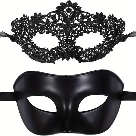Black Lace Masquerade Mask Set - 2-Piece Elegant Venetian, Mardi Gras & Halloween Party Masks